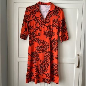 J.McLaughlin Orange Brown Catalina Print 3/4 Sleeve V-Neck Dress EUC Size M